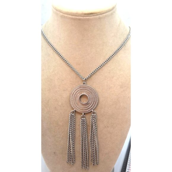 Silver-Tone Circular Pendant Necklace With Chain Tassels - Picture 3 of 3
